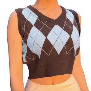 Brown and Pastel Blue Argyle Cropped Sweater Vest
